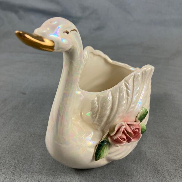 Antique 5" Swan Ceramic Lustreware Japan White with Pink Roses - Picture 2 of 4